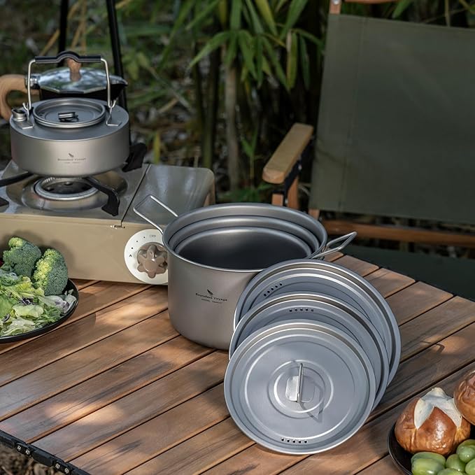 Boundless Voyage Camping Cookware Lightweight Cooking Pot Set Titanium Pot Portable for Outdoor Cooking Traveling Hiking Trekking Backpacking, 1-5 Person