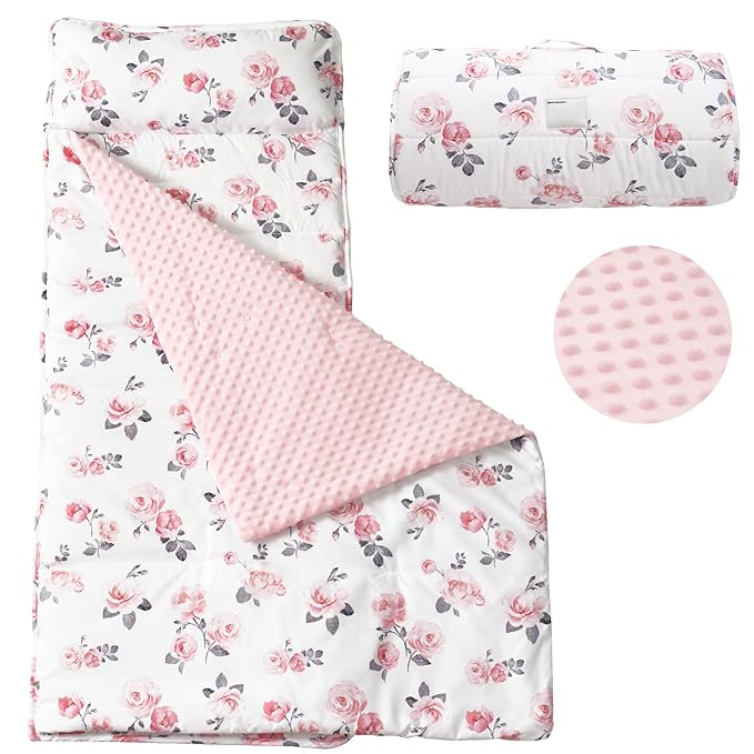 PHF Toddler Nap Mat with Removable Pillow and Minky Fleece Blanket, Rollup Design Warm Slumber Bags for Girls, 52"x20"x2" Kids Sleeping Bag for Daycare Preschool Travel Camping, Floral