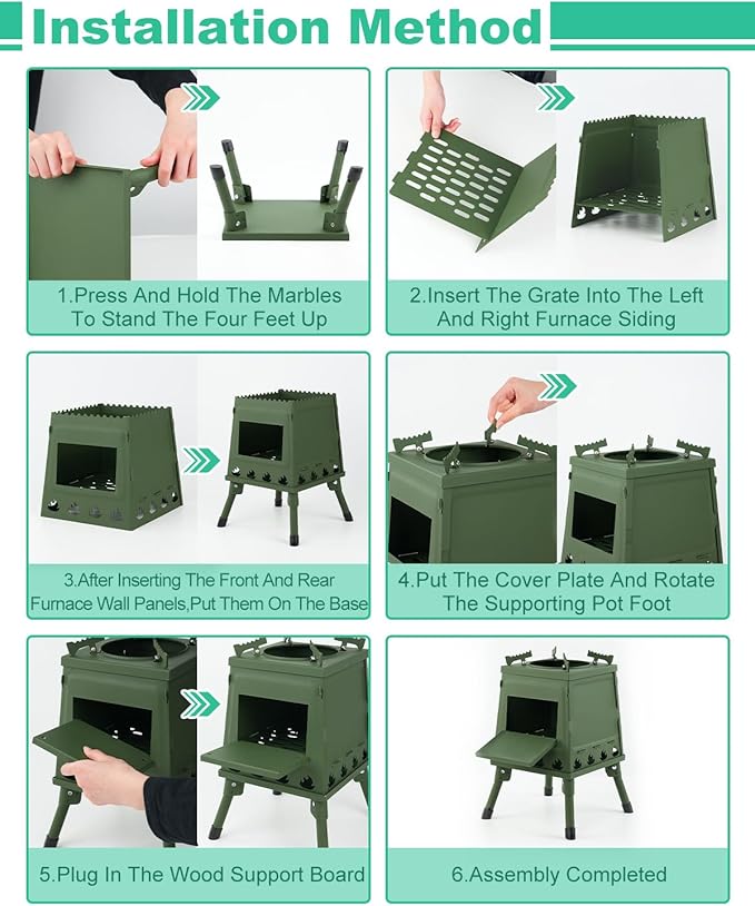 Portable Wood Burning Stove - Lightweight Cast Iron Camp Stove for Backpacking，Portable and Easy-To-Assemble Backpacking Camping Stove Kit (Green, Small)
