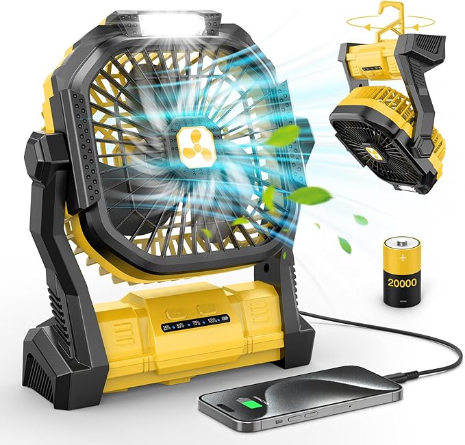 Portable Fan Rechargeable, 20000mAh Cordless Battery Powered Fan with LED Lantern, USB C Battery Operated for Travel Bedroom Home Camping Tent Office Beach Desk Fishing Table (Yellow)