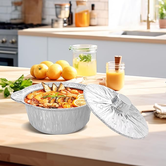 28 Pcs Disposable Aluminum Pot with Lid Round Foil Pans for Cooking, Baking, and Heating Food Container for Vacation, Camping, and Party Supplies (33.8 oz)