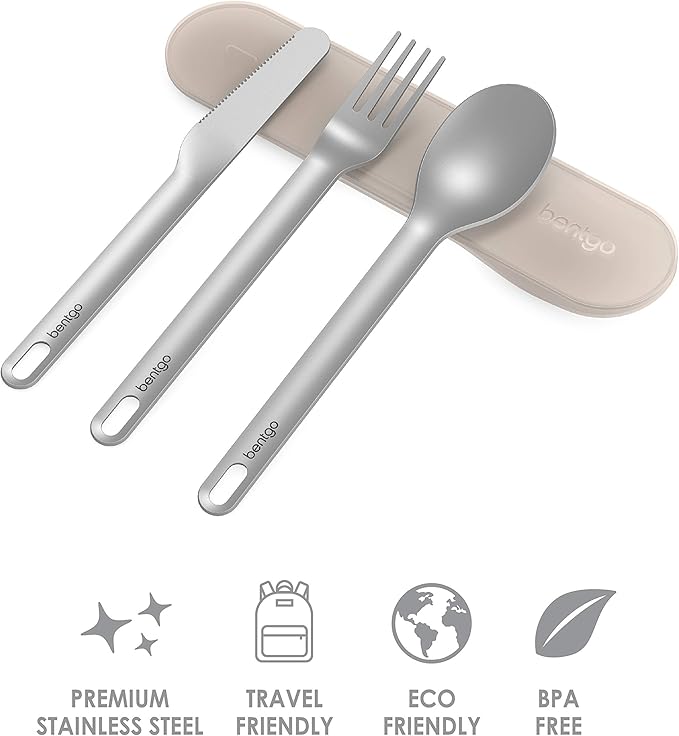 Bentgo Stainless Travel Utensil Set - Reusable 3-Piece Silverware Set with Carrying Case, High-Grade Premium Steel, BPA-Free Case, Eco-Friendly - Ideal for Travel, Camping, and Office Use (Sand)