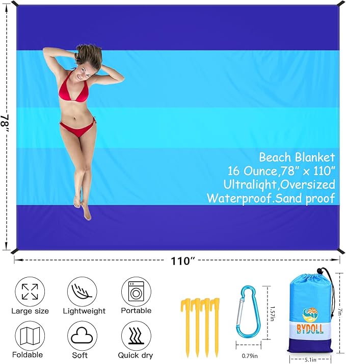 BYDOLL Beach Blanket 78''X110'' Waterproof Sandproof Suits1-7 Adults Oversized Lightweight Large Blanket Picnic Mat for Beach Sand Free Travel Camping Hiking Picnic
