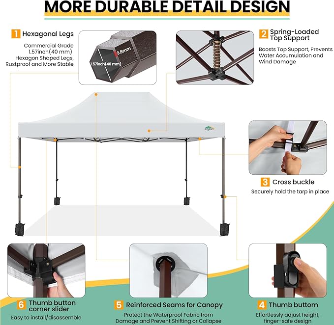 Cobizi Heavy Duty 10x15 Pop Up Canopy Tent Without sidewall, Easy Up Canopy Outdoor Tents for Party Backyard Wedding, Instant Commercial Gazebo with Roller Bag, Upgraded Legs, White