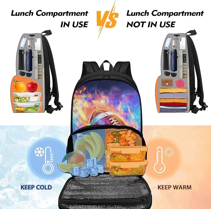 Fire Flame Rugby Lunch Backpack for School Work Travel Large Capacity Hiking Picnic Cooler Backpack All In One Backpack Primary Middle High School Bookbag