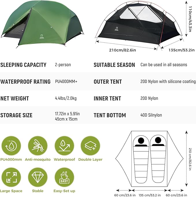 ATEPA Voyage 1-2 Person Backpacking Tent, 4 Season Ultralight Camping Tent, 4000mm Waterproof Double Layer Cold Wearther Easy Set Up Tent for Family Camp Hiking Hunting Outdoor Mountaineering Travel