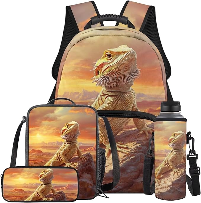 Lizard Backpack with Lunch 2Nd Grade Backpack Boys Fashion Portable Boys Bookbag Age 6-8 with Lunch Box 4 in 1 School Bag for Boy 6-7 Travel Hiking Daypack Outdoor Camping