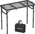 VINTEAM Folding Grill Table with Mesh Top, 3 Adjustable Heights, Lightweight Portable Camping Table, Black Aluminum Alloy BBQ Picnic Table for Outdoor Cooking, Tailgating, Beach, RV & Backyard