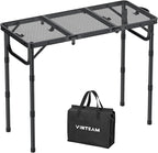 VINTEAM Folding Grill Table with Mesh Top, 3 Adjustable Heights, Lightweight Portable Camping Table, Black Aluminum Alloy BBQ Picnic Table for Outdoor Cooking, Tailgating, Beach, RV & Backyard