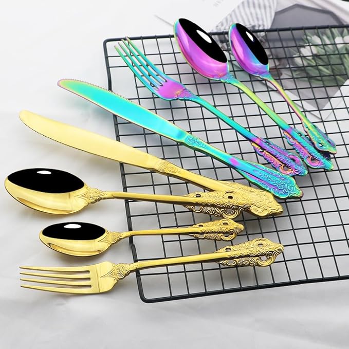 Silverware Flatware Cutlery Set， 4/16/24/32/40/48-piece Palace Tableware Set Retro Embossed Tableware Creative Golden Tableware Knife， Fork and Spoon Set，Rose Gold-12Set-48Pcs