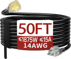 50 FT 14/3 Extension Cord Outdoor, Heavy Duty Weatherproof & Flame Retardant Black 3 Prong Power Cord with Light, Outside for Lawn & Garden, 15 Amps 1875 Watts 125 VAC 14AWG SJTW, ETL Listed