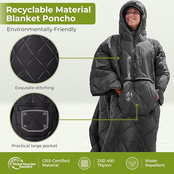ATEPA Wearable Sleeping Bag, Recycled Warm Winter Camping Blanket Wearable Poncho for Outdoor, Stadium Sports Women Men