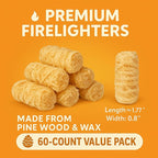 60 pcs Fire Starter – Natural Fire Starters for Campfires, BBQ, Fireplace. Pizza Oven - Weather-Resistant, Waterproof, Quick Ignite, Charcoal Odorless Starter for Grill