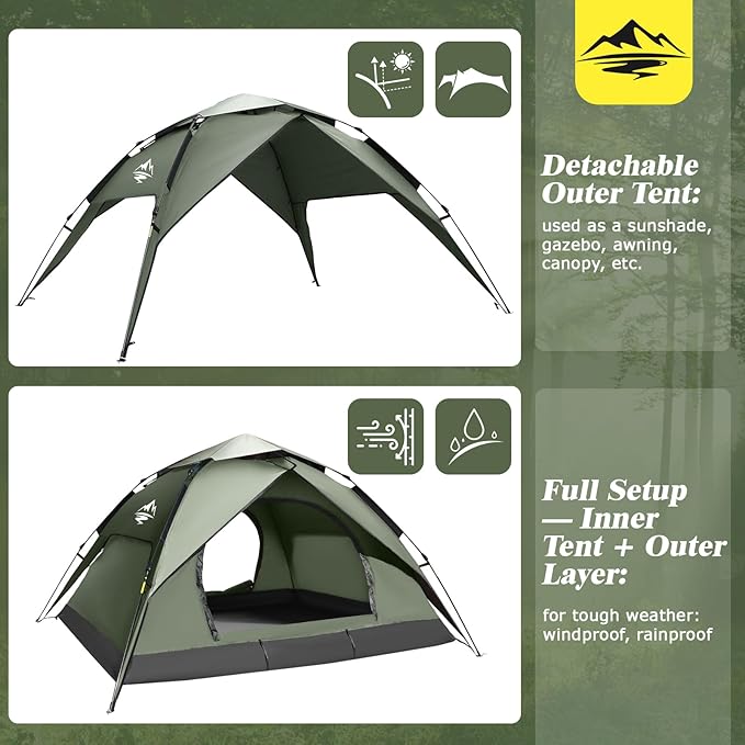 2-3 Person Camping Tent, Instant Pop Up Tents for Camping - 40s Automatic Easy Setup Tent with Rainfly, Double-Layer 3500mm Waterproof & Windproof Instant Tents for Hiking Backpacking