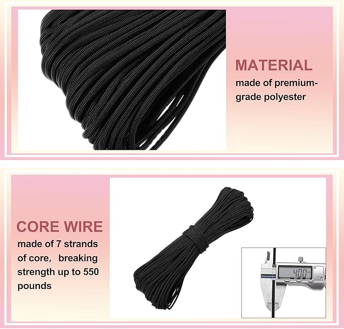 PATIKIL 550lb Paracord Rope 200ft, 4mm Tent Rope, 7-Strand Core Heavy Duty Cord for Outdoor Camping Hiking Tent Survival Utility Rope, Black