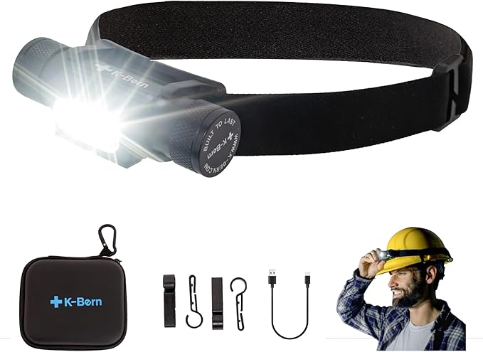 K-Bern Rechargeable Headlamp. 1850 Lumen, Ultra Bright Head Lights for Forehead. Waterproof, Lightweight Aluminum, 2600mAh Battery, Perfect for Dog Walking, Camping, Hiking & Hard Hats