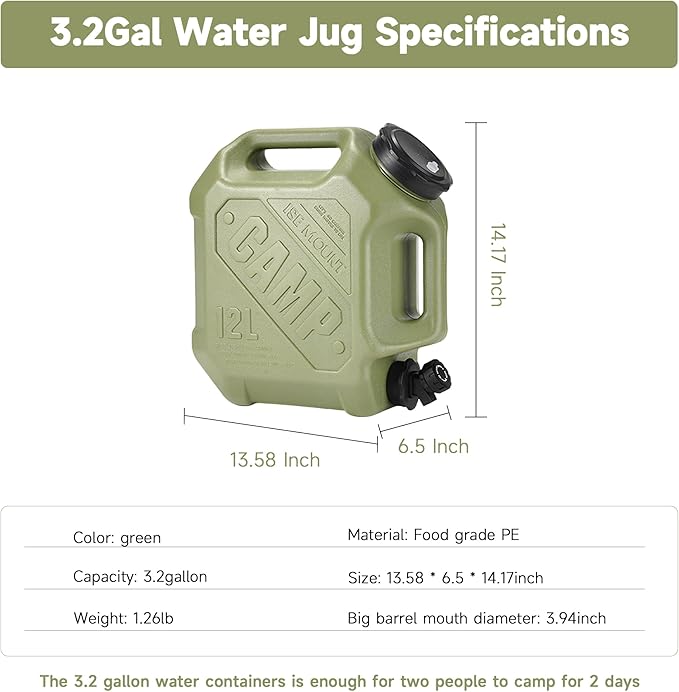 ASIEIT 3.2 Gallon Water Jug with Spigot, Portable Water Tank BPA Free, Leak-Proof Water Containers for Camping Water Storage Containers for Emergency Outdoor Hiking Picnic, Green/Black/Yellow