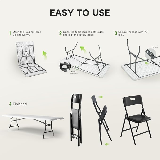 8FT Folding Table Set with 4 Chairs – Heavy-Duty 660 lb Table & 330 lb Chairs, Portable Folding Furniture Bundle for Camping, Parties, Indoor & Outdoor Use