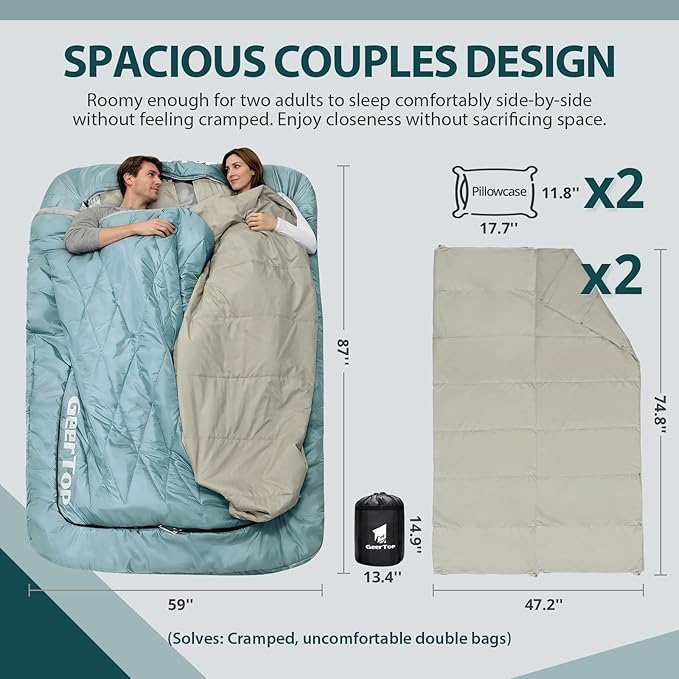 GEERTOP Double Camping Sleeping Bag with Blanket Queen Size Two Person Sleeping Bag for Adults Couples or Family Outdoor Backpacking Travel