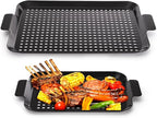 2 Pack Grill Pans, Nonstick Grill Topper for Outdoor Grill, BBQ Grilling Baskets with Perforated Bottom, Heavy Duty Carbon Steel Grill Grid for Cooking Camping, 16.5" x 10" and 13" x 7.4"