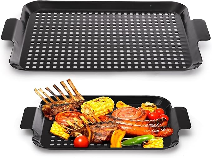 2 Pack Grill Pans, Nonstick Grill Topper for Outdoor Grill, BBQ Grilling Baskets with Perforated Bottom, Heavy Duty Carbon Steel Grill Grid for Cooking Camping, 16.5" x 10" and 13" x 7.4"