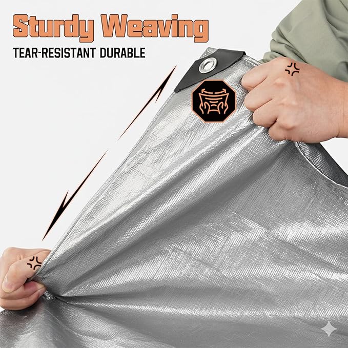 12 x 24 FT Waterproof Heavy Duty Tarp, 10 Mil Thick, Outdoor Furniture Covers, Plastic Insulated Tarpaulin for Camping Tent Roof Boat Patio Pool Cover, Large & Small Multi-Size Tarps, Silver/Brown