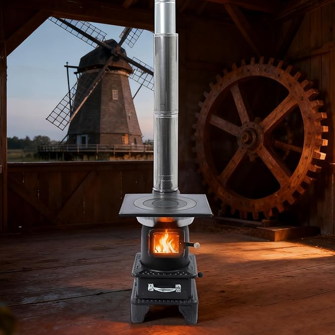 CNCEST Wood Burning Stove with Chimney Pipes,Cast Iron Cast Iron Portable Hot Tent Stove,6m/19.69ft Smoke Sleeve,Wood Stove Heating and Cooking for Camping,Tents,Cooking and Travel (TypeC)