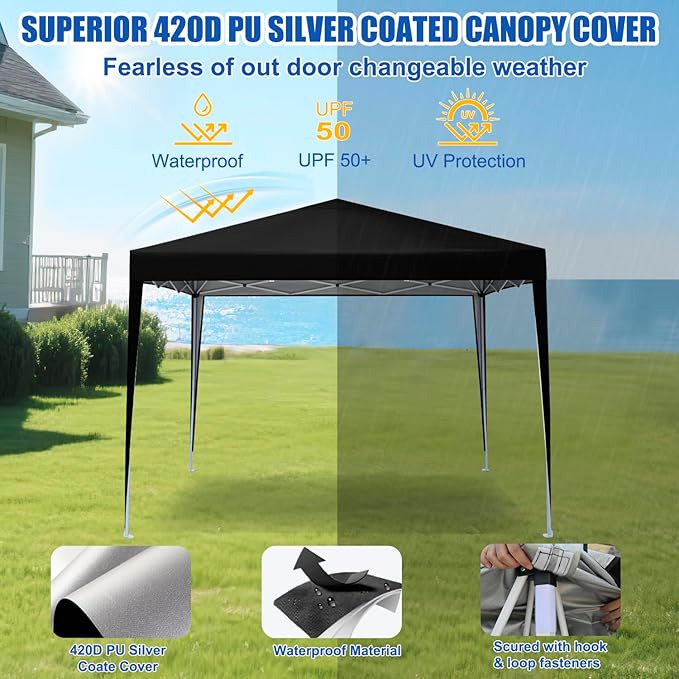 Yesker 10x10 Pop Up Canopy Tent UPF 50+ Waterproof Outdoor Canopy Portable Folding Easy Setup Gazebo Adjustable Height Instant Sun Shade Tent with Wheeled Bag for Events Parties Camping Patio, Black