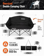 KingCamp Double Camping Chair, Oversized 660lbs Heavy Duty Loveseat for Adults Portable Folding XL 2 Person Couch Padded Comfortable Two Seat with Cup Holder for Outdoor Lawn Backyard, Black