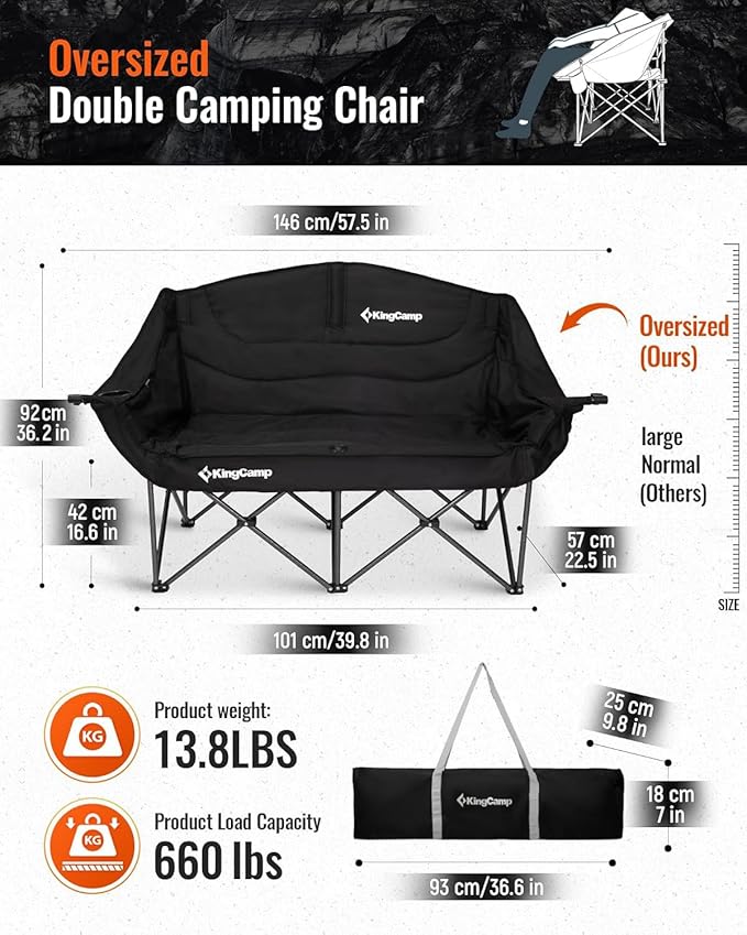 KingCamp Double Camping Chair, Oversized 660lbs Heavy Duty Loveseat for Adults Portable Folding XL 2 Person Couch Padded Comfortable Two Seat with Cup Holder for Outdoor Lawn Backyard, Black