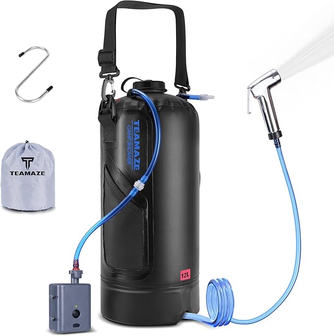 Teamaze Portable Shower,12L/3.2 Gal Solar Camping Shower Bag with Auto Pressure Pump,Portable Outdoor Shower for Camping,Beach,Hiking,RV,Pet Bath