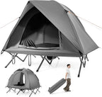 GYMAX 2-Person Tent Cot, 3 in 1 Folding Off-Ground Cot Bed Combo with Portable Wheeled Bag, Waterproof Rainfly, 2 Mesh Doors & Skylight Roof for Hiking, Backpacking, Outdoor