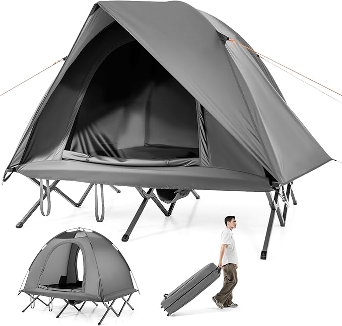 GYMAX 2-Person Tent Cot, 3 in 1 Folding Off-Ground Cot Bed Combo with Portable Wheeled Bag, Waterproof Rainfly, 2 Mesh Doors & Skylight Roof for Hiking, Backpacking, Outdoor