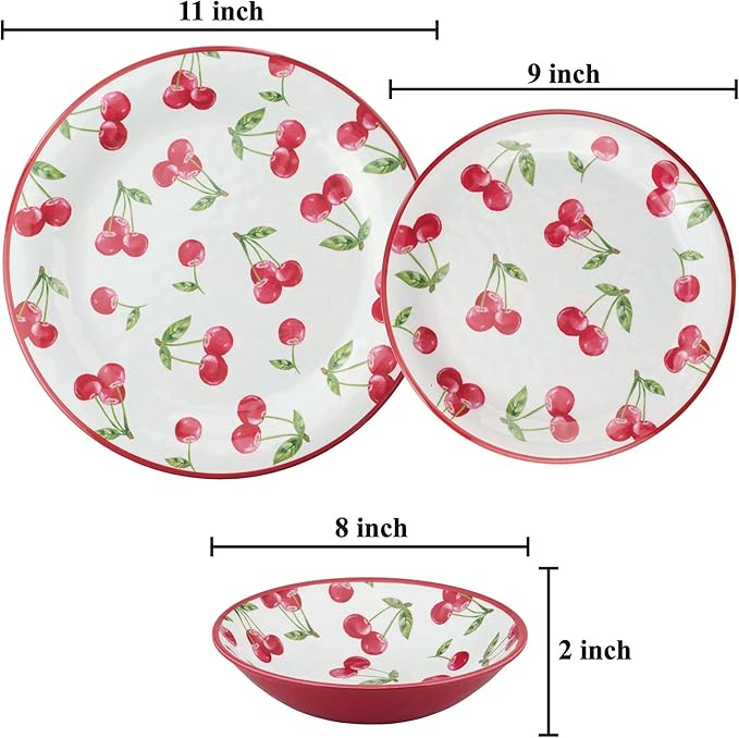 UPware 12 Piece Cherry Melamine Dinnerware Sets, Outdoor Dishes Set, Plates and Bowls Sets, Service for 4, Red