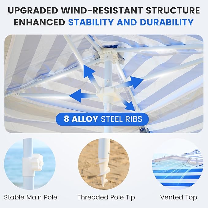 Zeraty Beach Cabana 8'×8', Portable Beach Canopy with Side Wall, Easy Pop Up UPF 50+ Silver-Coated Beach Tent Sun Shelter, Wind Resistant Adjustable Height Beach Umbrella Tent for Family, Navy Blue
