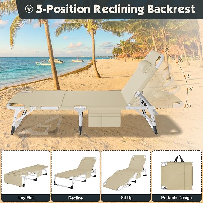 MOPHOTO Beach Lounge Chair, 5-Position Adjustable Tanning Chair with Face Hole, Heavy Duty Folding Chaise Lounge for Beach, Pool, Patio & Sunbathing