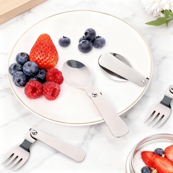 3pcs Folding Spoon & 3pcs Folding Forks for Thermos Funtainer 10oz Food Jar, Stainless Steel Foldable Spork Portable Replacement Fold Utensils Silverware for Travel Camping Picnic Outdoor Activities