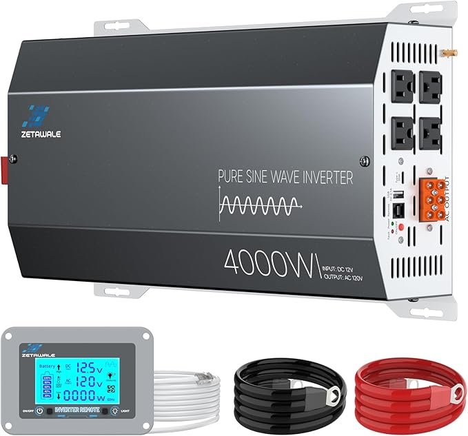 4000W Pure Sine Wave Inverter 12V DC to 110V/120V AC Converter, 8000W Peak, LCD Remote Control, 4 AC Outlets, USB & Type-C – Heavy Duty for RV, Truck, Off-Grid Solar, Home Emergency Power