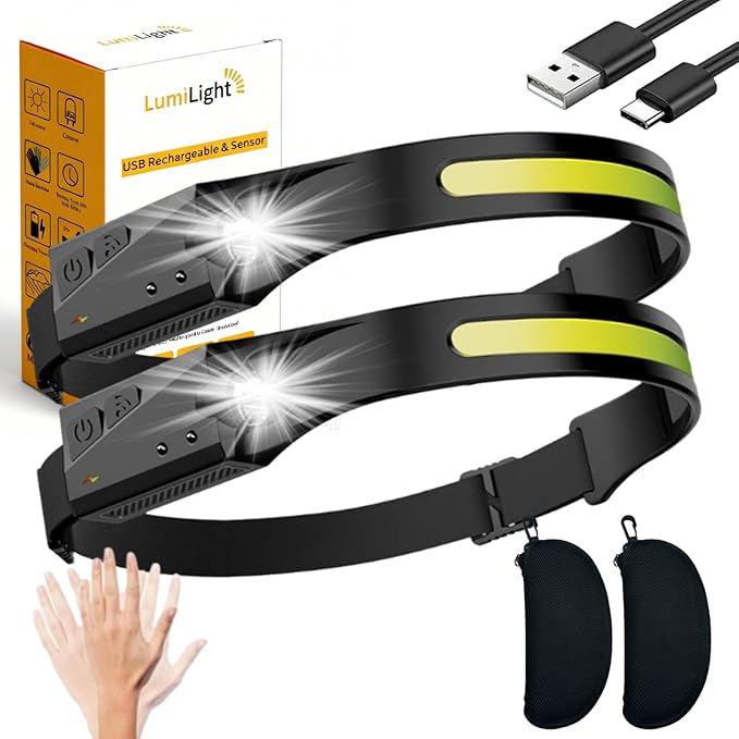 LumiLight LED Headlamp Rechargeable, Lumi Light LED Head Band Headlamp, 230° Wide Beam Head Lamp with Motion Sensor for Adults, 5 Mode Waterproof Lightweight Outdoor Camping Hiking Essentials (2pcs)
