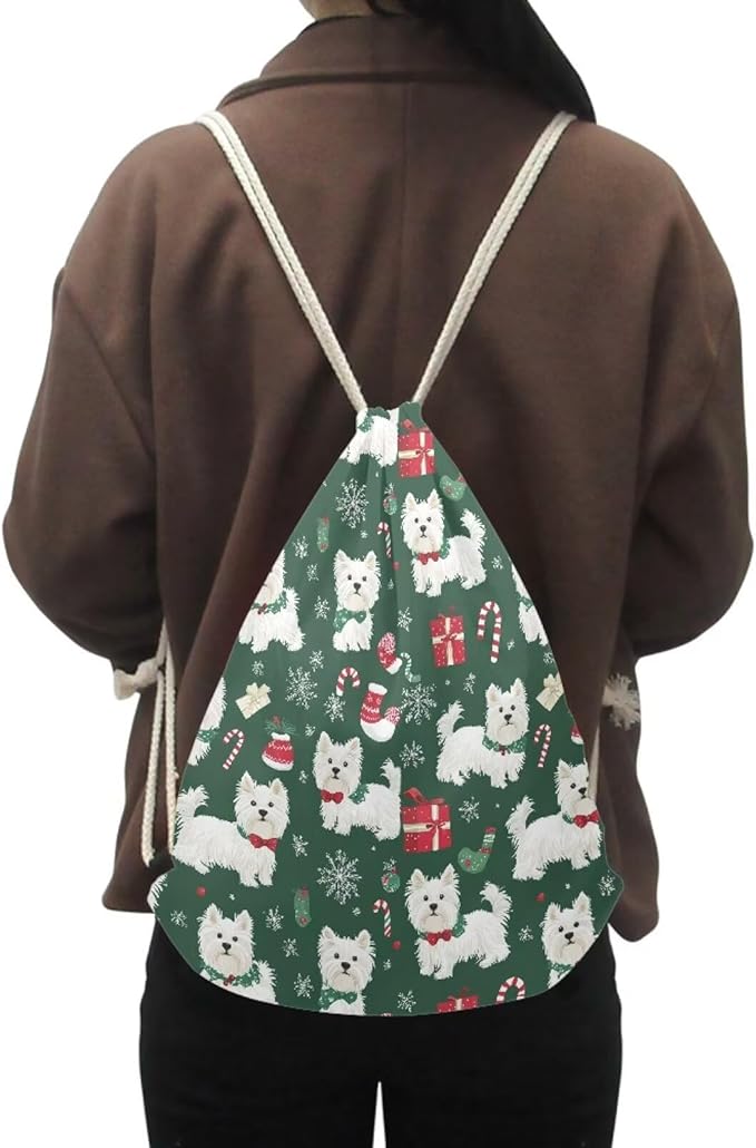 Upetstory Christmas Westie Drawstring Backpack Portable Draw String Bag Lightweight Cinch Sackpack Gymnastics Beach Storage Pouch for Adults Kids Travel Beach Swim Dance Yoga