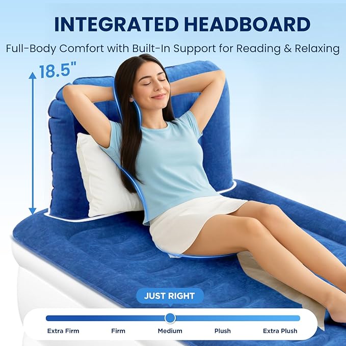 Twin Air Mattress with Headboard, Built-in Pump, 19" Raised Comfort, 48-Hour Leak-Tested Durable PVC, Quiet Design, 2.5 Min Quick Inflation & Headboard, Blow Up Bed for Home and Guests , 600 lbs Max
