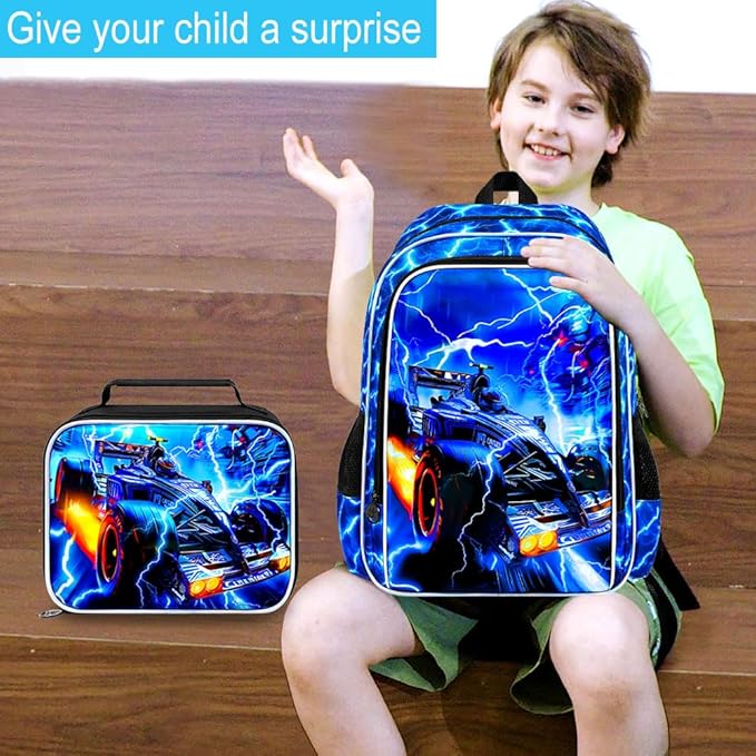 17" Cars Backpack for Boy, 3Pcs Lightning Bookbag for Elementary Preschool Kindergarten, Kids School Backpacks with Lunch Box (Blue)