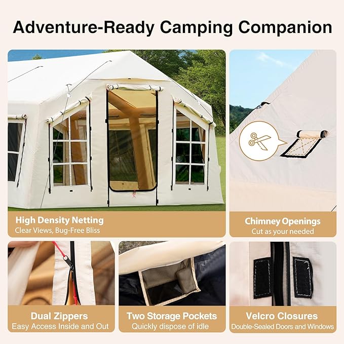 2025 Upgraded Waterproof Inflatable Camping Tent, Large Blow-Up Air Tent, No Assembly Needed Luxury Glamping House, Oxford Fabric