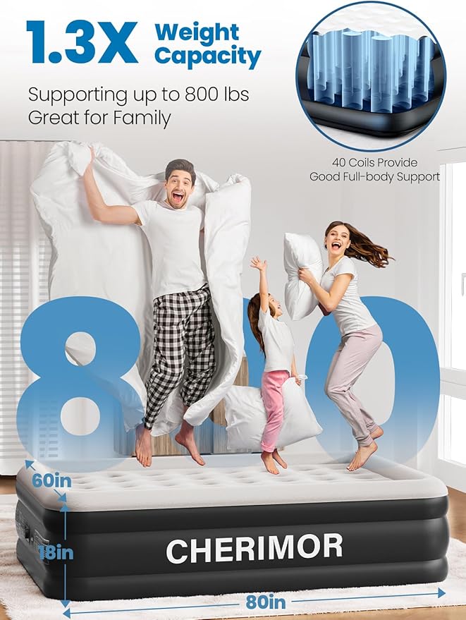 Queen Air Mattress with Built-in Pump, 18" Raised Comfort, 48Hr Leak-Proof Test, Upgraded Honeycomb Pillar Design, Supports 800 lbs, 3-Min Inflation-Inflatable Bed for Home Guests & Camping