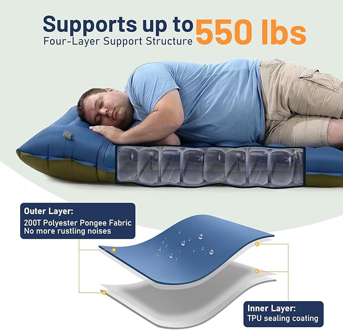KASBAH Camping Sleeping Pad,Extra Wide 6 inch Thick Inflatable Sleeping Pads with Built-in Foot Pump and Pillow,Ultralight Camping Mat Gear for Outdoor Hiking,Camping