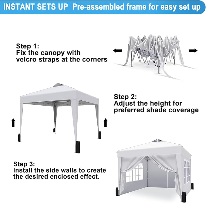 SANWAY 10x10 Pop Up Canopy Tent with Sidewalls x 4 – Easy Setup Canopy Tent, Waterproof, UV-Resistant, Portable with Carry Bag for Outdoor Events, Camping, and Backyard Parties – White