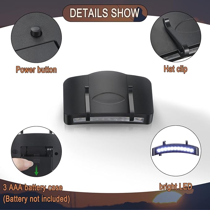 Hortsun 10 Pcs Light Clip 11 LED Cap Lights Clip on Hat Headlamp Battery Cap Brim Lamp Black Waterproof Ultra Bright Flashlight for Hunting Camping Fishing Hiking