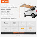 VEVOR Vehicle Awning 6.6'x8.2' Roof Rack Pull-Out Sun Shade UV50+ PU3000mm, Retractable Weatherproof 4x4 Side Awning for SUV Outdoor Camping & Overland (Hardware Included), w/Waterproof Storage Bag