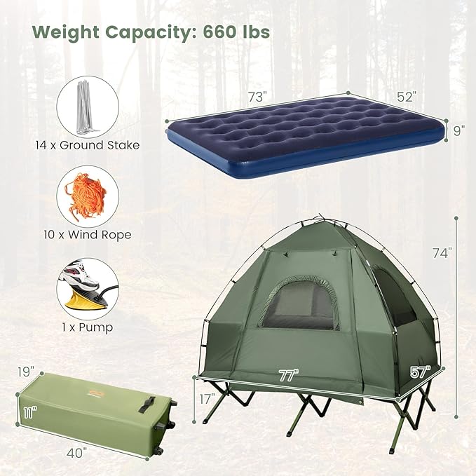 Safstar 5-in-1 Tent Cot, Camping Cot Tent with Air Mattress, Sleeping Bag, Camping Cot, Awning & Air Pillow, Carrying Bag, Off The Ground Tent, Elevated Tent Cot for Camping Hiking Picnic Travel