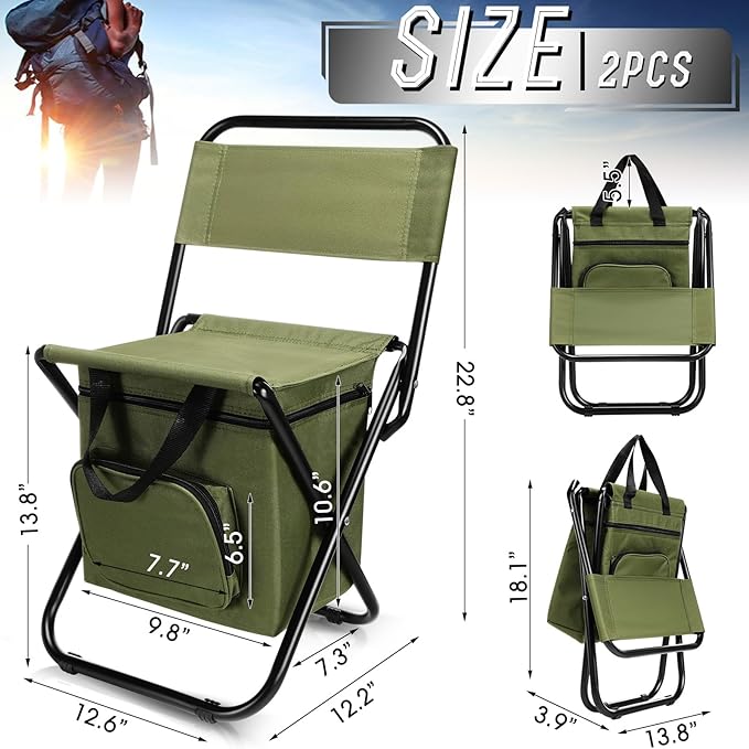 Jerify 2 Pcs Fishing Chair with Cooler Bag Multi-Function Foldable Compact Fishing Stool Hunting Chair Portable Backrest Stool with Folding Backpack for Finishing Camping Hunting Travel(Green)